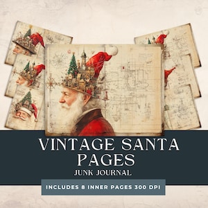 May include: Vintage Santa Pages junk journal with 8 inner pages. The image features a portrait of Santa Claus wearing a red hat and a whimsical cityscape on his head. The pages have a vintage, aged look with architectural drawings.