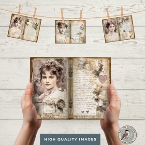 May include: A vintage-style journal with a brown leather cover and gold accents. The journal is open to reveal pages filled with handwritten notes and decorative elements, including a portrait of a woman, flowers, and butterflies. The journal is held in the hands of a person.