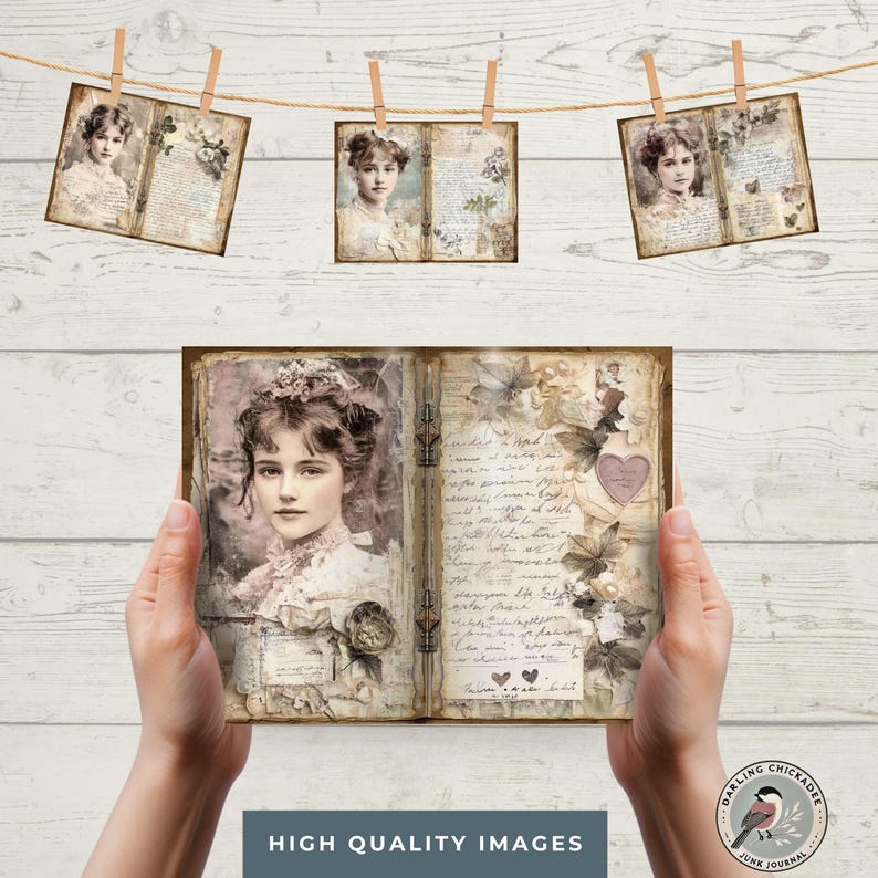 May include: A vintage-style journal with a brown leather cover and gold accents. The journal is open to reveal pages filled with handwritten notes and decorative elements, including a portrait of a woman, flowers, and butterflies. The journal is held in the hands of a person.