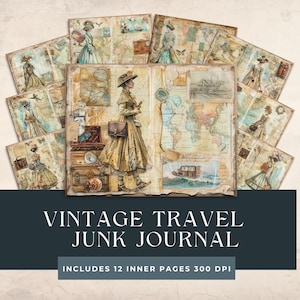 Páginas de diário de lixo de viagens vintage | Colagem Digital | Páginas para impressão do Vintage Junk Journal | Kit de diário de lixo para viajantes | Download Digital