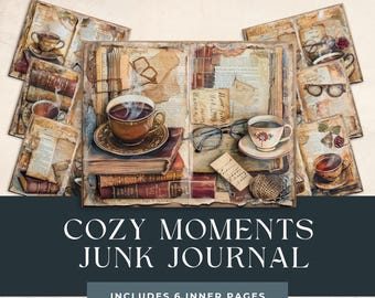 May include: Six pages of a junk journal with a vintage aesthetic. Each page features a different image of a cup of coffee, glasses, and books. The pages are decorated with vintage paper, ephemera, and other embellishments. The journal is titled "Cozy Moments Junk Journal" and includes the text "Includes 6 inner pages".