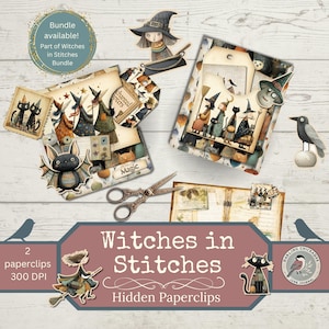 Witches in Stitches – Hidden Paperclip Printable Kit | Halloween Junk Journal Ephemera with Tags & Embellishments | Seasonal Crafts