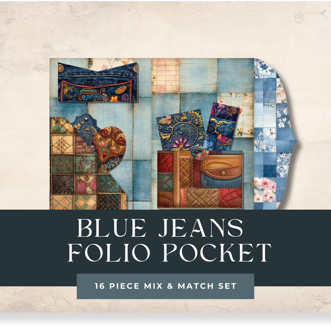 Junk Journal Blue Jeans Folio | Denim Folio Kit Download | Patchwork ...