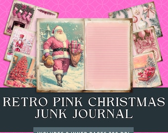 Pink Christmas Junk Journal | Whimsical Christmas Pages | Retro Scrapbook Paper |  Santa Scene Printable