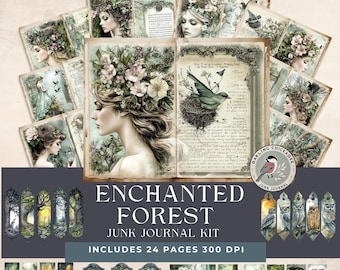 May include: A digital junk journal kit with 24 pages, featuring an enchanted forest theme. The kit includes images of a woman with a floral crown, birds in a nest, owls, and trees. The text "Enchanted Forest Junk Journal Kit" and "Includes 24 Pages 300 DPI" is visible on the image.