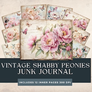Diario basura con peonías desgastadas antiguas / Cartas con peonías antiguas / Papel digital floral / Peonías elegantes / Peonías desgastadas / Páginas con mariposas