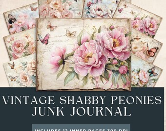 Vintage Shabby Peonies Junk Journal | Vintage Peonies Letters | Floral Digital Paper |  Elegant Peony | Shabby Peonies | Butterflies Pages