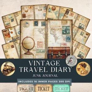 vintage Carnet de voyage indésirable : Un voyage dans le temps | Collage numérique de pages de valise antique | postales anciennes | Trousse de voyage éphémères