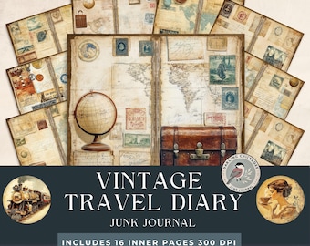 Vintage Travel Junk Journal Kit: A Journey Through Time | Antique Suitcase Pages  Digital Collage | Vintage Postcards | Travel Ephemera Kit