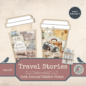 Versteckte Notiz Kaffeetasse Printable | Reise Kaffee Tasse | Versteckte Notizen Junk Journal Ephemera | Travel Fussy Schnitte, Secret Tag Pull Tab
