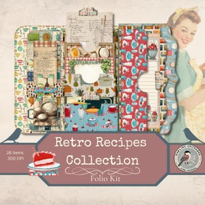 Puede incluir: Un kit de folio de colección de recetas retro con una estética vintage. El kit incluye papeles estampados, tarjetas de recetas y elementos decorativos con utensilios de cocina, ilustraciones de alimentos y el texto "Retro Recipes Collection".