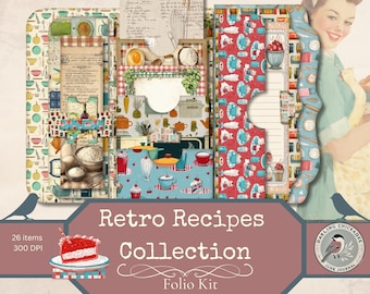 Retro Recipes Printable Folio Kit | Vintage Kitchen Recipe Organizer | Junk Journal Folio with Pockets, Tabs & Cards