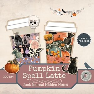 May include: A Halloween-themed junk journal page design featuring two coffee cup-shaped containers with decorative elements. One cup has a skull, the other a black cat. The design includes pumpkins, candy corn, and the text "Pumpkin Spell Latte".