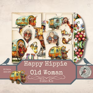 Kit de folio de anciana hippie feliz / Diario basura bohemio gitano imprimible / Collage de caravana caprichoso / Efímera hippie vintage