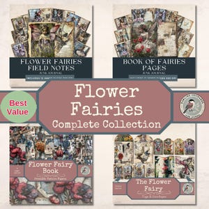 May include: A digital collection titled Flower Fairies Complete Collection featuring printable junk journal components. Includes Flower Fairies Field Notes, Book of Fairies Pages, Flower Fairy Book printable pattern papers, and The Flower Fairy Tags & Envelopes.