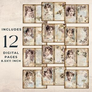 May include: Twelve digital scrapbook pages featuring vintage images of women with floral accents and handwritten text. Each page is 8.5 x 11 inches.