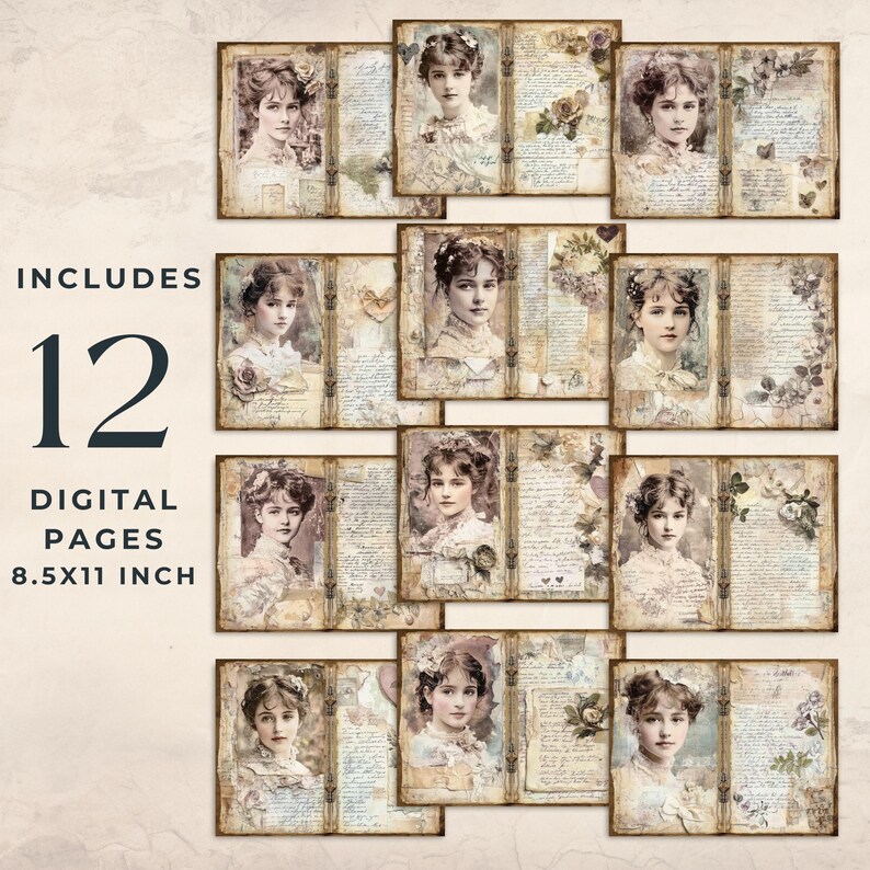 May include: Twelve digital scrapbook pages featuring vintage images of women with floral accents and handwritten text. Each page is 8.5 x 11 inches.
