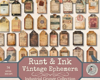 Rust & Ink Vintage Ephemera Kit | Industrial Grunge Tags, Labels | Papers for Junk Journals and Collage | Antique Paper Ephemera | Old Tags