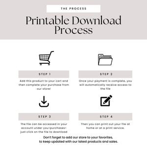 May include: A four-step printable download process is illustrated with icons. Step 1: Add to cart. Step 2: Payment complete. Step 3: Access file. Step 4: Print file. The text reads: "The Process, Printable Download Process, Don't forget to add our store to your favorites, to keep updated with our latest products and sales."