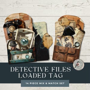 May include: A set of 14 printable digital scrapbook paper tags with a vintage detective theme. The tags feature images of a magnifying glass, a vintage phone, a man in a trench coat, and a leather briefcase. The tags are perfect for adding a touch of mystery to your scrapbook pages.