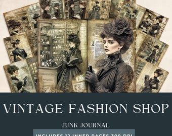 Vintage Fashion Shop Junk Journal Pages | Vintage ladies Scrapbooking | Vintage Dresses Printables | Vintage Hats Papers | Victorian Fashion