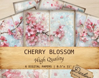 Junk Journal Printable, Cherry Blossom, Sakura Journal Pages, Neutral Watercolor Pink papers, Floral Printable Journal Digital Download
