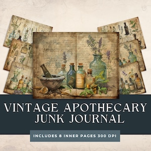 Diário de Boticário Junk | Diário de Farmácia Vintage | Páginas de Boticário Escuras | Álbum de Recortes Digital Poções Herbais e Medicina | Papel Botânico