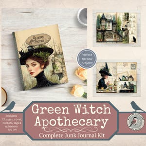 May include: A complete junk journal kit with a vintage aesthetic. The kit includes 12 pages, cover, pockets, tags, and ephemera. The cover features a portrait of a woman in a witch hat. The text reads "Elixirs & Notes" and "Green Witch Apothecary".