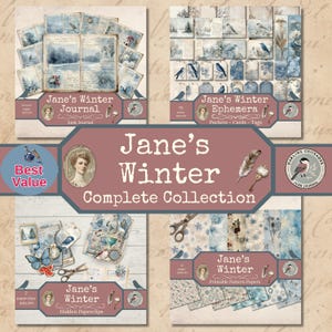 May include: A collection of winter-themed junk journal supplies. The image features four sets of paper ephemera, including journal pages, pockets, cards, tags, and patterned papers. The text includes "Jane's Winter" and "Complete Collection."