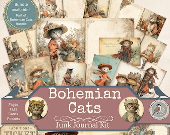 May include: A collection of vintage-style ephemera featuring illustrations of cats in bohemian attire. The kit includes pages, tags, cards, and pockets, with the text "Bohemian Cats Junk Journal Kit" and "ADMIT ONE TICKET 19438769746".