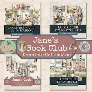 Può includere: Una collezione di kit per il papercrafting a tema vintage, tra cui un junk journal, tasche folio, un kit di efemeridi e segnalibri. I kit presentano illustrazioni antiche, disegni floreali e il testo "Jane's Book Club".