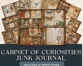 May include: A vintage-style junk journal with a wooden cabinet design. The cover features a variety of antique-looking images, including books, butterflies, and a compass. The title "Cabinet of Curiosities Junk Journal" is printed on the front. The journal includes 12 inner pages.
