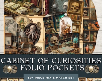 May include: A collage of vintage ephemera with a cabinet of curiosities theme. The image features illustrations of skulls, books, maps, and scientific instruments. Text reads "Cabinet of Curiosities Folio Pockets" and "50+ Piece Mix & Match Set."