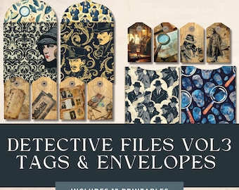 Detective Junk Journal Tags | Digital Download | Mystery Case File | Detective Collage Sheet | Scrapbook | Junk Journal Envelopes | Add-ons