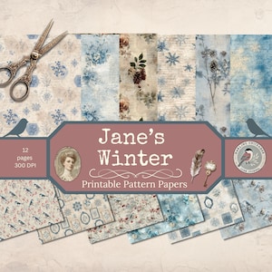 May include: A collection of 12 printable pattern papers with a winter theme. The papers feature floral, snowflake, and bird designs in shades of blue, beige, and brown. The title "Jane's Winter" is displayed with decorative elements, including a vintage portrait and a key.