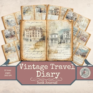 Zestaw Vintage Travel Diary Junk Journal | Wydrukowane strony pamiętnika z architekturą | Pismo odręczne i stare budynki | Vintage Digital Ephemera