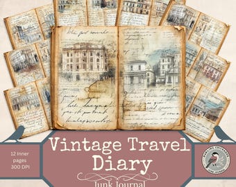 Vintage Travel Diary Junk Journal Kit | Printable Diary Pages with Architecture | Handwriting & Old Buildings | Vintage Digital Ephemera
