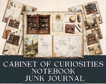 May include: A vintage-style junk journal with the title "Cabinet of Curiosities Notebook Junk Journal". The journal has a brown leather cover and includes 8 inner pages at 300 DPI.