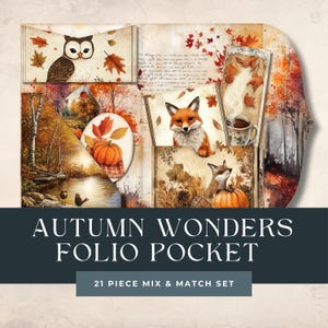 Autumn Wonders Junk Journal Folio | Geladen map Woodland | Herfstbotanisch digitaal papier | Afdrukbare ephemera pompoen | Driebladige herfst
