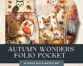 Op de afbeelding: Een set van 21 mix-and-match onderdelen met herfstthema voor papiercrafts. De set bevat afbeeldingen van uilen, vossen, pompoenen en herfstbladeren. De tekst "Autumn Wonders Folio Pocket" staat op de voorkant van de set.