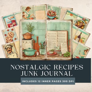 Livro de receitas Junk Journal | Coisas efêmeras de cozinha | Coisas efêmeras alimentares | Páginas para impressão | Imprimíveis do diário de receitas | Livros de receitas vintage