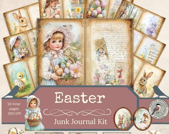 May include: A digital junk journal kit with an Easter theme. The kit includes 16 inner pages, 300 DPI, and features images of bunnies, chicks, eggs, flowers, and a girl holding a basket of eggs. The text "Easter Junk Journal Kit" is displayed on the front of the kit.