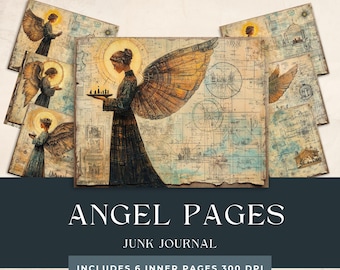 Peut inclure: Six pages imprimables sur le thème des anges pour le journalisation de rebuts. Chaque page présente un ange de style vintage avec des ailes et une auréole. Les pages sont en 300 DPI et comprennent une variété de textures et de motifs.