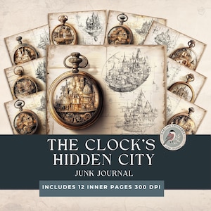 May include: A vintage-style junk journal with a cover featuring a clock face with a hidden city inside. The title "The Clock's Hidden City Junk Journal" is printed on the cover, along with the text "Includes 12 inner pages 300 DPI".