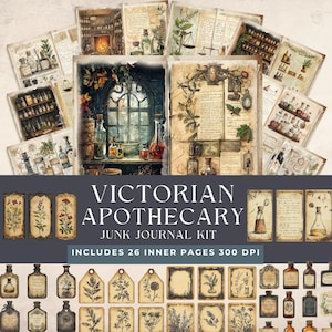 Victoriaanse apotheker-junkjournaalkit | Kruiden vintage ephemera | Botanisch plakboek | Afdrukbare natuurlijke historie | Groen Heksenpapier