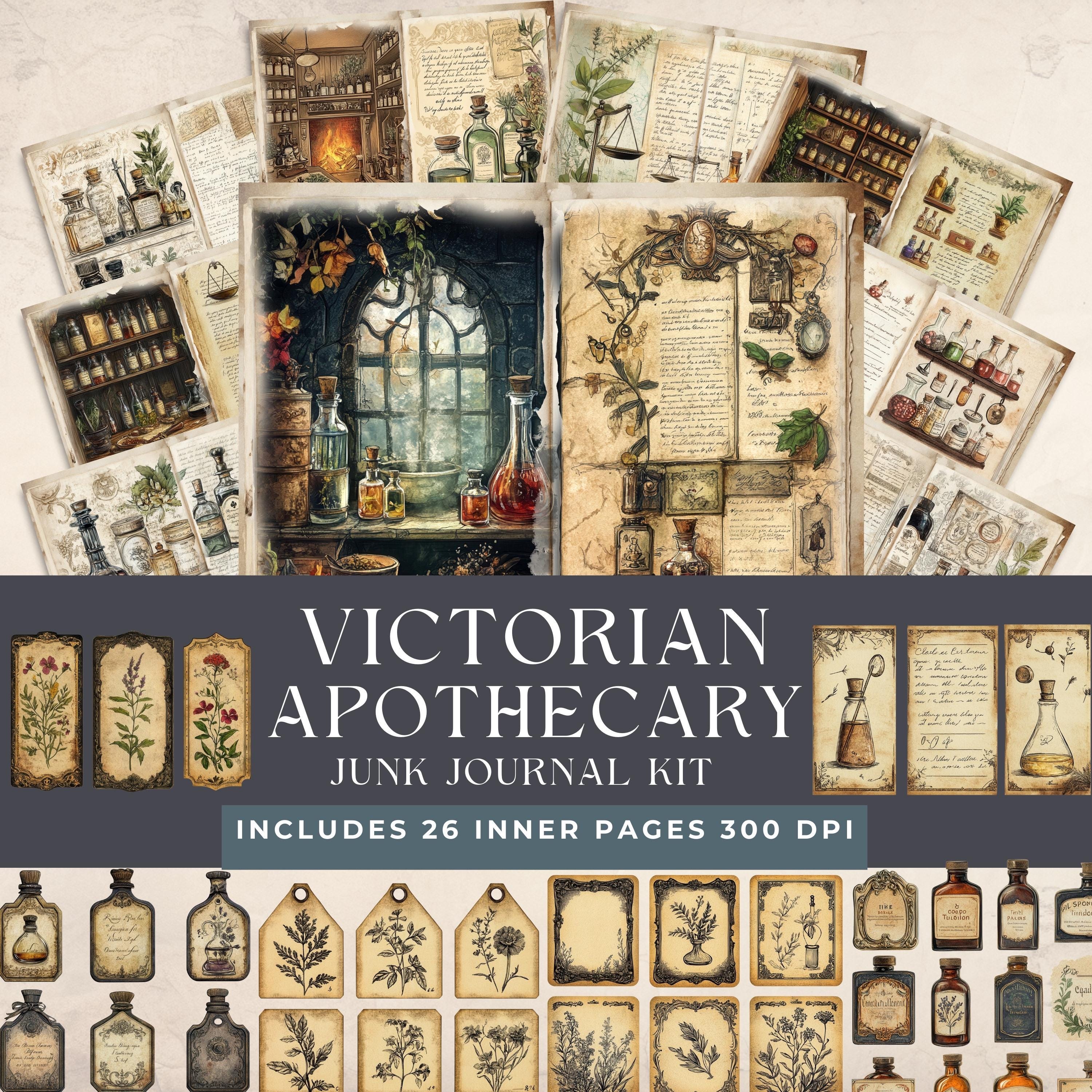 Victorian Apothecary Junk Journal Kit  | Herbal Vintage Ephemera | Botanical Scrapbook | Natural History Printable | Green Witch Paper