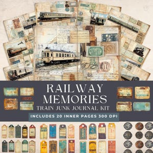 Vintage treinafvaljournaalkit | Spoorwegherinneringen afdrukbare kortstondige pagina's | Digitaal papier locomotieftrein | Treinreispakket