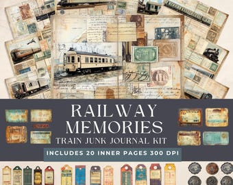 May include: A collection of vintage-style ephemera, including train images, stamps, and handwritten notes. The text "RAILWAY MEMORIES TRAIN JUNK JOURNAL KIT" is displayed. Includes 20 inner pages.