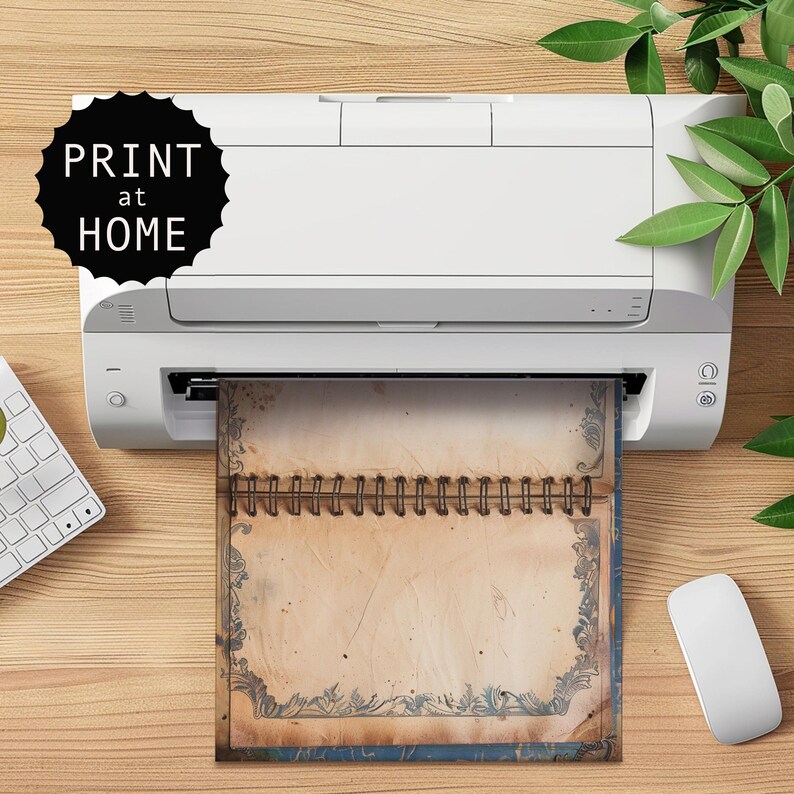 May include: A white printer is producing a vintage journal page with a spiral binding. The page has a distressed, aged paper appearance with ornate blue border details. The text "PRINT at HOME" is on a black circular sticker.