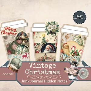 May include: A collage of three coffee cup-shaped designs with vintage Christmas themes. Each cup features festive illustrations of Santa Claus, ornaments, and holiday scenes. The text "Vintage Christmas" and "Junk Journal Hidden Notes" are displayed.